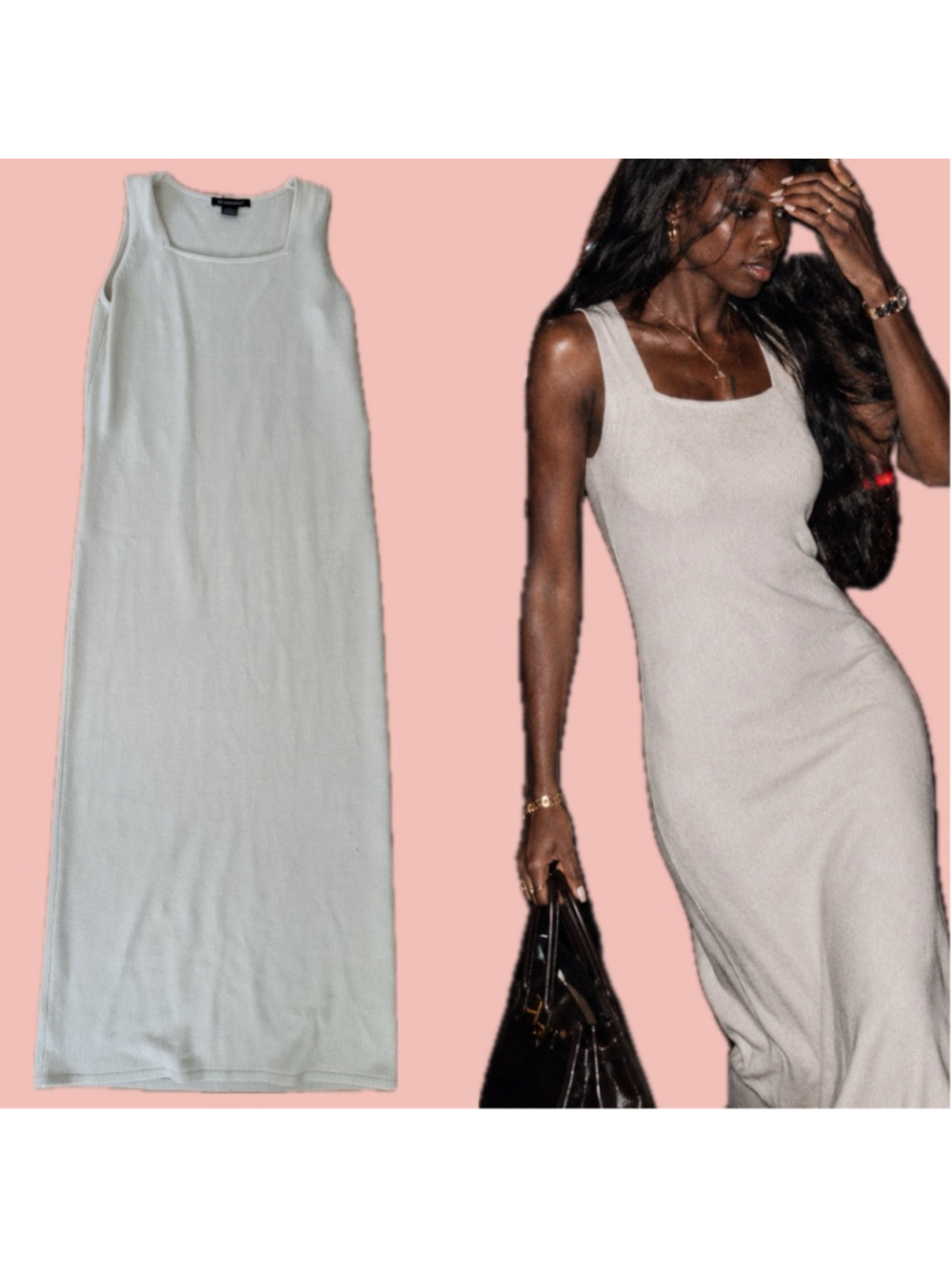 52 Weekends Cream Knit Maxi Dress Medium Square Neck Sleeveless Minimalist